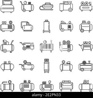 Modern air compressor icons set, outline style Stock Vector