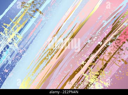 Pink and blue textured background, painted with large brush strokes, decorated with gold foil. Grunge Texture. Stock Vector