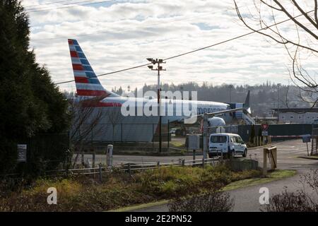 An American Airlines 737 MAX airplane is parked at the Boeing Renton Factory in Renton, Washington on Thursday, January 14, 2021. Stock Photo