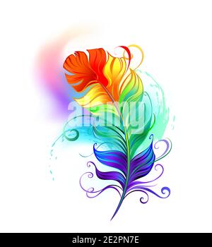 Artistically drawn, vibrant rainbow feather on brightly colored white background. Feather design.Boho style. Stock Vector