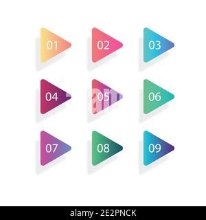 Number Bullet Points Flat Triangles set on white background. Colorful color with number from 01 to 09 for your design. vector illustration Stock Vector