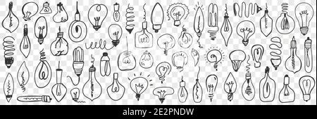 Various electrical lamps doodle set. Collection of hand drawn hanging lamps of different shapes for home electricity isolated on transparent background. Illustration of illumination equipment  Stock Vector