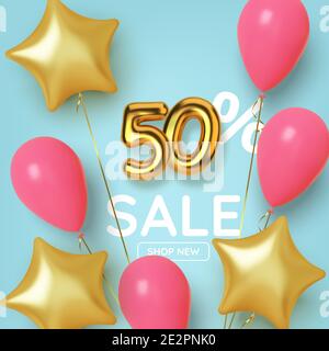 50 off discount promotion sale made of realistic 3d gold number with balloons and stars. Number in the form of golden balloons. Vector Stock Vector