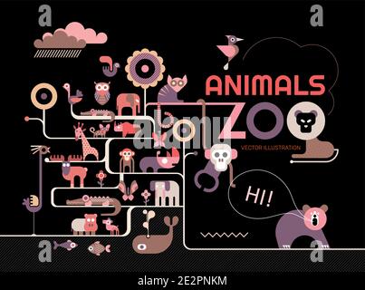 Vector illustration with many different icons of animals, birds and fish on a black background. Concept design of Zoo Animals. Stock Vector
