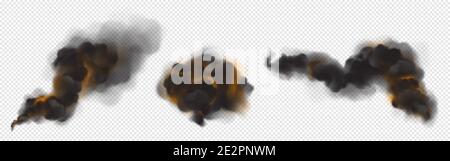 Clouds of black smoke with orange backlight from fire. Vector realistic set of dark fog streams, hot smog from burning flame, fiery smoke isolated on transparent background Stock Vector