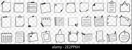 Various papers and notes doodle set. Collection of hand drawn pieces and pages of paper notes with reminders and information isolated on transparent background. Illustration of notebooks in rows  Stock Vector