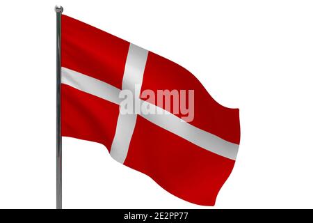 Denmark flag on pole. Metal flagpole. National flag of Denmark 3D illustration isolated on white Stock Photo