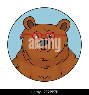 Cute brown bear in heart glasses. Avatar with blue background. Animal is ready for Valentines Day party Stock Vector
