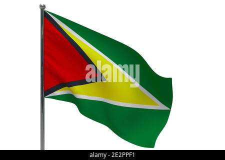 Guyana flag on pole. Metal flagpole. National flag of Guyana 3D illustration isolated on white Stock Photo