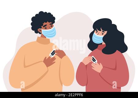 People in medical masks using pulse oximeter device Stock Vector