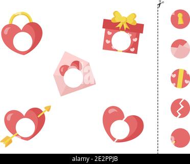 Cut and glue parts of cartoon valentine elements. Educational logical game for kids. Matching game for preschoolers. Stock Vector