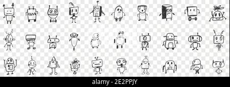 Various smart robots doodle set. Collection of hand drawn cute electronic robots with human heads in rows isolated on transparent background. Illustration of high technologies concept  Stock Vector