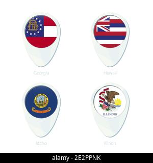 Georgia, Hawaii, Idaho, Illinois flag location map pin icon. Georgia State Flag, Hawaii State Flag, Idaho State Flag, Illinois State Flag. Vector Illu Stock Vector