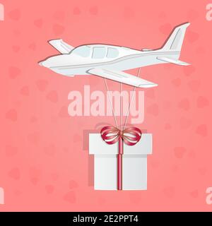Small airplane with gift box on pink background.Paper cut design. Love and valentine day.Origami aircraft with present.Delivery service concept.Vector Stock Vector