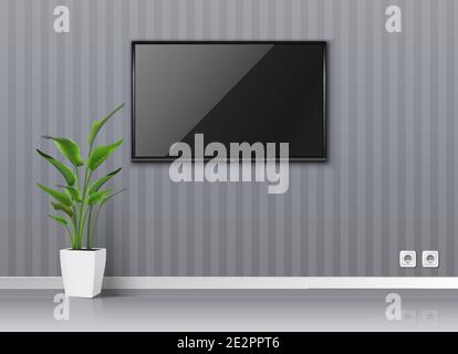 realistic vector empty living room with gray walls an TV scree on the wall hanging and floor tropical plant. Stock Vector