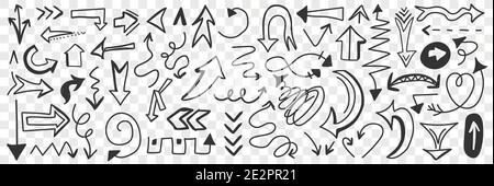 Various arrows and indicators doodle set. Collection of hand drawn arrows signs of different directions and shapes isolated on transparent background. Illustration of navigation symbols  Stock Vector