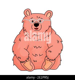 Pink cute happy bear grizzly sits and holds his paws. White heart glasses for Valentines Day Party are on his face. Isolated animal is on white backgr Stock Vector