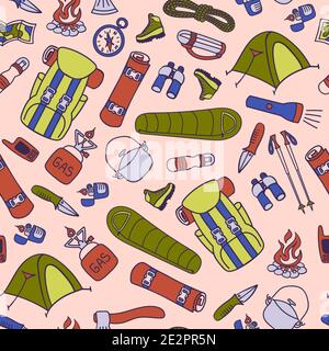 Seamless pattern with trekking and hiking equipment. Vector illustration. Stock Vector