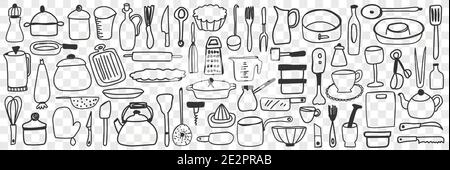 Various dishes and kitchen utensil doodle set. Collection of hand drawn cutting boards, grater, tableware, kettle coffee pot, cooking pan, containers for kitchen isolated on transparent background Stock Vector