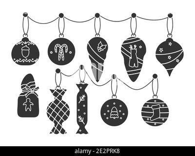 Christmas tree balls decorations set. Black glyph Xmas toys, holiday ornaments icicles, candy bauble. Concept celebration New Year. Simple retro xmas trees decor. Isolated on white vector illustration Stock Vector