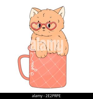 Peach cute happy cat sits in the patterned cup. Pink Heart glasses for Valentines Day Party are on his face. Isolated animal is on white background Stock Vector