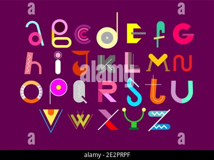 Colored abstract font design isolated on a purple background. Alphabet letters formed by geometric shapes. Stock Vector