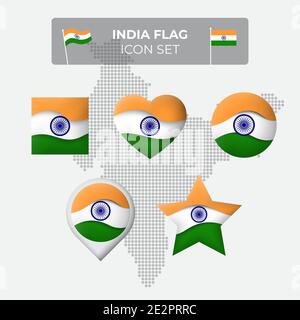 India flag icons set in the shape of square, heart, circle, stars and pointer, map marker. Mosaic map of india. Waving in the wind. Indian flag. Paper Stock Vector