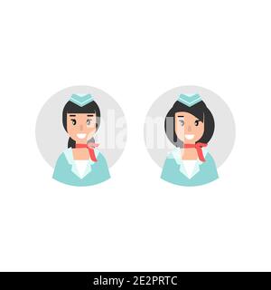 Happy female stewardess or flight attendant with red neckerchief on grey circle. flat vector cartoon illustration isolated on white. Woman in aviation Stock Vector