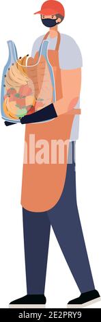 delivery man with safety mask and one plastic bag full of market products Stock Vector