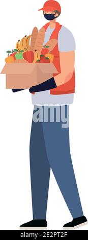 delivery man with safety mask and one box full of market products Stock Vector