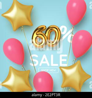 60 off discount promotion sale made of realistic 3d gold number with balloons and stars. Number in the form of golden balloons. Vector Stock Vector