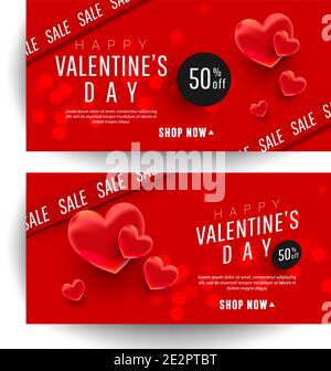 Valentines Day special offer banners with 3d shape hearts. Vector Illustration Stock Vector