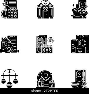 Pawnbrokery black glyph icons set on white space Stock Vector