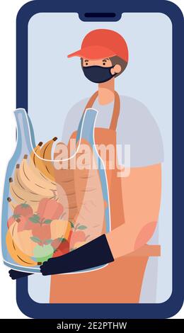 online ordering and delivery man with safety mask and one plastic bag full of market products on a phone Stock Vector