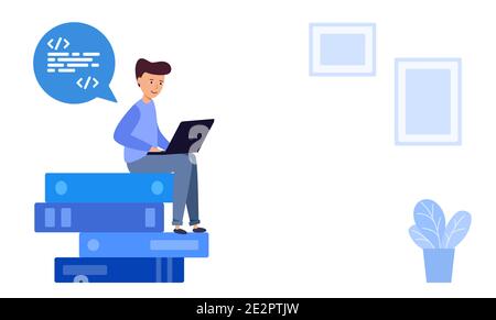 Man sits on a stack of books thinking and working on the computer. a person works at a laptop. Vector illustration in modern flat design. Stock Vector