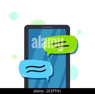 Hand holding a call. Concept business conversation with online chat. Chat messages notification on smartphone. Cartoon sms bubbles on phone screen. Ve Stock Vector