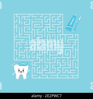 Cute tooth and toothpaste with toothbrush maze game labyrinth. Stock Vector
