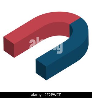 Magnet 3d isometry blue red horseshoe, concept of attraction and repulsion, vector positive and negative magnet sign attraction Stock Vector