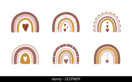 Rainbows in boho style with hearts. Bohemian illustrations for holidays. Scandinavian design for wallpaper and home decor. Modern vector illustration Stock Vector