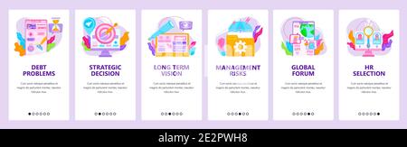 Debt problems, strategic decision, management risks, hr selection. Mobile app screens, vector website banner template. Stock Vector