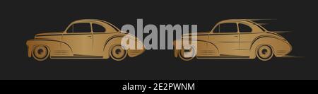 Golden classic car silhouette on black background. Stock Vector