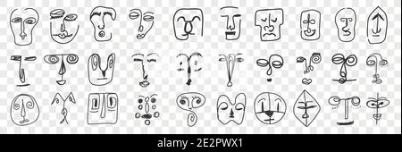 Various face features doodle set. Collection of hand drawn funny human eyes, noses, lips and whole faces drawn in unusual style isolated on transparent background. Illustration of human face  Stock Vector