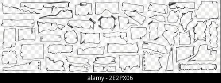 Various paper parchment doodle set. Collection of hand drawn parchment paper with torn edges of various shapes cut in pieces isolated on transparent background. Illustration of forms Stock Vector