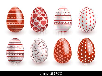 Red white Easter eggs wtth doodle geometry patterns on white background. Vector illustration set for holiday Easter card. Stock Vector