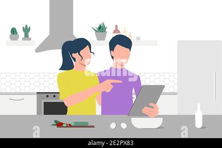 Happy couple looks on tablet and choose recipe in their kitchen. Online culinary school. Online courses, e-learning. Eps 10. Stock Vector