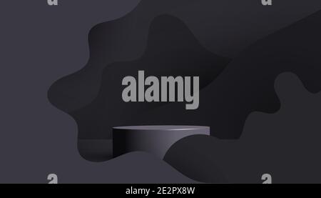 Minimal scene with black wave liquide shapes and empty podium, pedestal or platform. Holiday banner, web poster, flyer, color brochure Stock Vector