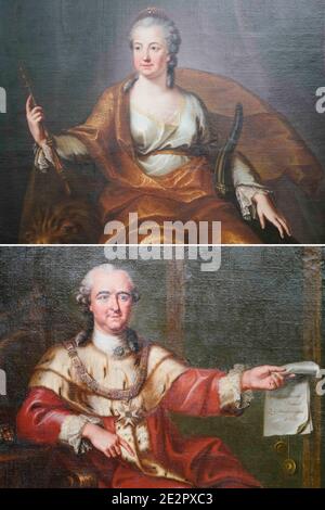 Mannheim, Germany. 13th Jan, 2021. Two paintings by Heinrich Carl Brandt from 1769, showing portraits of Electress Elisabeth Auguste (r) and Elector Carl Theodor, hang in an exhibition room of the Reiss-Engelhorn Museums (image combo). (to dpa: 'Paintings of electoral couple reunited after decades') Credit: Uwe Anspach/dpa/Alamy Live News Stock Photo