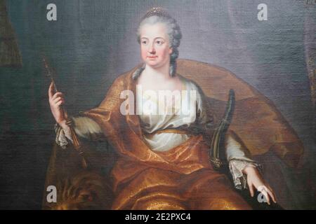 Mannheim, Germany. 13th Jan, 2021. A painting by Heinrich Carl Brandt from 1769 showing a portrait of Electress Elisabeth Auguste hangs in an exhibition room of the Reiss-Engelhorn Museums. (to dpa: 'Paintings of electoral couple reunited after decades') Credit: Uwe Anspach/dpa/Alamy Live News Stock Photo