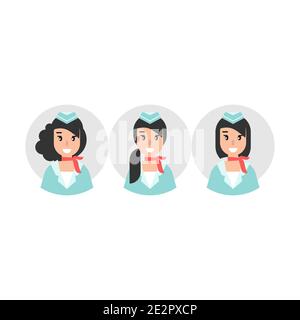 Happy female stewardess or flight attendant with red neckerchief on grey circle. flat vector cartoon illustration isolated on white. Woman in aviation Stock Vector