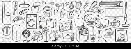 Various household appliance doodle set. Collection of hand drawn fan oven vacuum cleaner mixer washing machine microwave refrigerator blender sewing machine for home isolated on transparent background Stock Vector